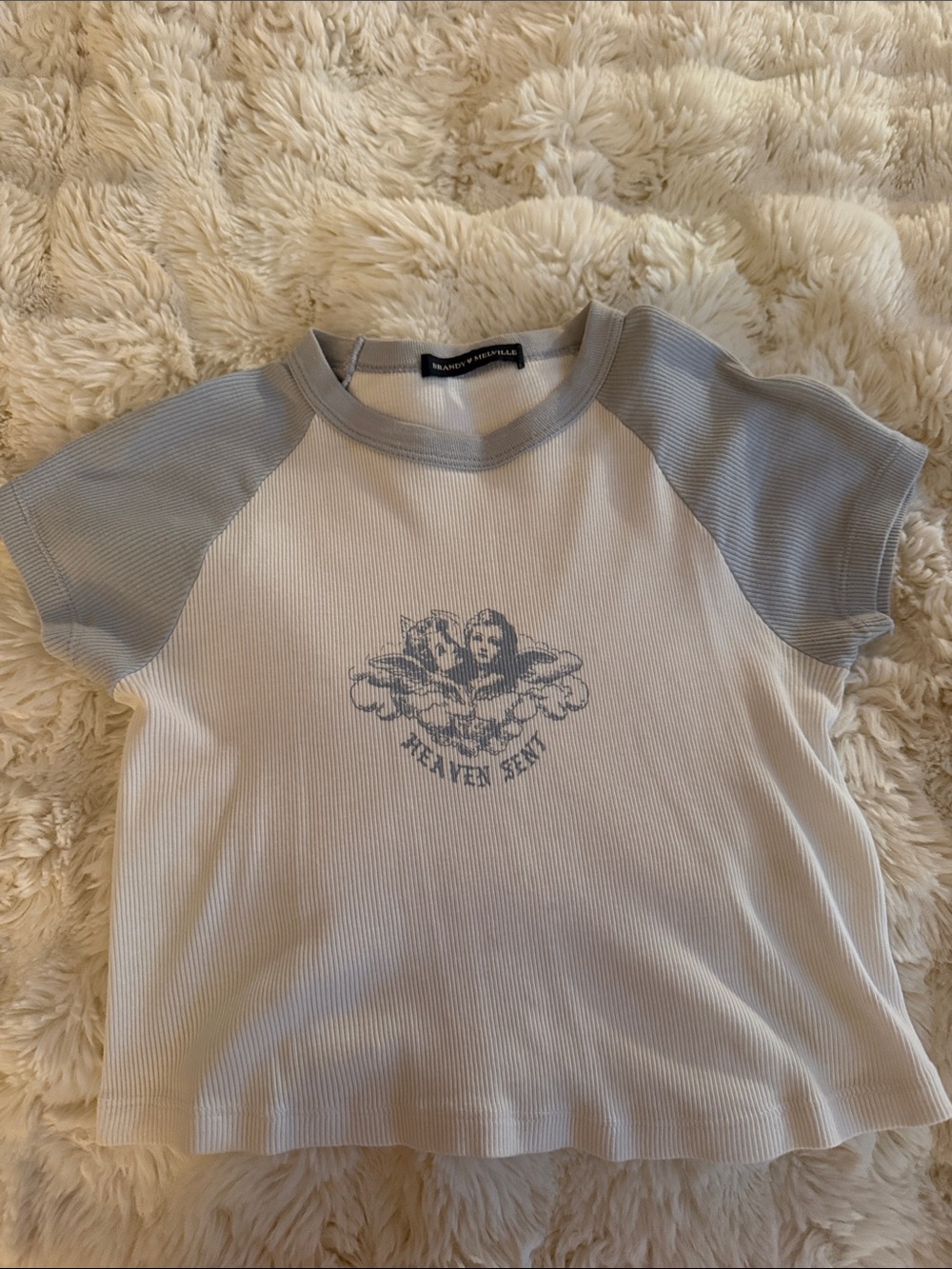 Brandy Melville White Tee with Light Blue Raglan Sleeves and Cherub Graphic